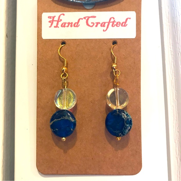 Hand Crafted Earrings w/ blue & clear beads that dangle from gold color wire - Picture 1 of 6